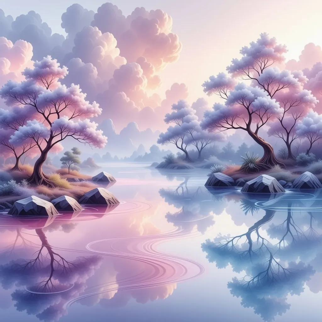 Prompt: A dreamy, surreal oasis nestled within a tranquil mindscape, rendered in soft pastel colors with an impressionist style. The scene features gentle, flowing brushstrokes capturing swirling pools of pastel pinks, blues, and lavenders, suggesting a lush, calming oasis surrounded by ethereal, hazy landscapes. Light filters softly through a wispy, cloud-filled sky, creating a luminous, almost glow-like atmosphere. Delicate, impressionistic trees with tender leaves frame the scene, their forms blending seamlessly into the dreamlike environment. Subtle reflections shimmer on the water's surface, evoking a sense of serenity and introspection, inviting viewers into a peaceful, contemplative mental realm where thoughts drift like floating clouds. Style inspired by dreamy watercolor illustrations, emphasizing tranquility and impressionistic beauty.