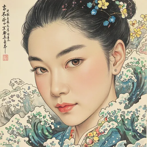 Prompt: A poster of a Chinese-style beauty's face, featuring colorful cartoon patterns, ink and wash paintings, and sea wave elements in the background, creating a mysterious atmosphere, with calligraphy characters at the top. It is a close-up portrait with an extremely delicate texture. The facial features have clear details, high-contrast colors, a strong visual impact, and complex textures, all set against a backdrop of .