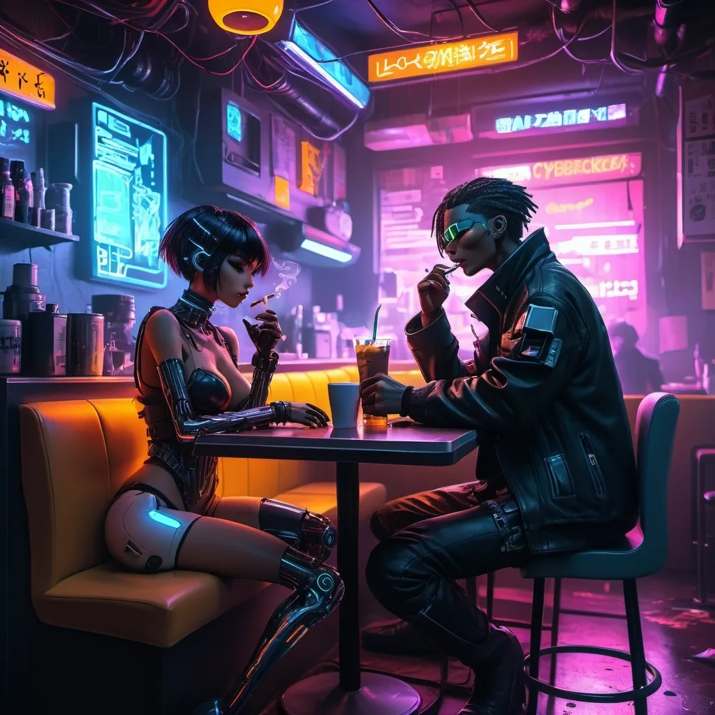 Prompt: Anime cyberpunk style, a man in a coffee shop, smoking substance while enjoying his drink, highly detailed, intricated cyberware HD, flirting with a cyberneticth chick.cybernetic arm  gritty background, visual spectacle 
