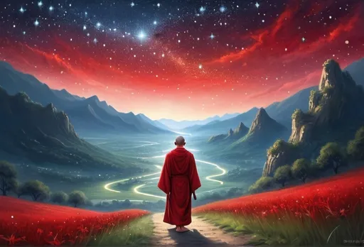 Prompt: (breathtaking scene), solitary monk in a striking red robe, wandering through a serene valley, starry night sky, (ethereal illumination), glistening stars enveloping him, tranquil atmosphere, magical radiance, cool tone colors, (highly detailed), a sense of peace and wonder, dreamlike quality, vast landscape bathed in shimmering starlight.