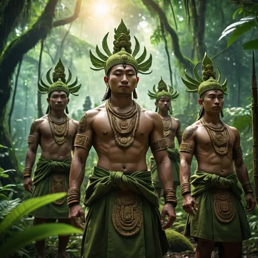 Prompt: (buddhist army), Amazon rainforest backdrop, vibrant greens and deep browns, mystical ambiance, intricate details of warriors in traditional attire, serene expressions reflecting spirituality and power, dynamic poses, diverse weaponry, (highly detailed), intricate patterns and symbols representing the religious movement, animated atmosphere, war cries echoing through the trees, (4K clarity), vivid sunrise casting soft light through dense foliage.