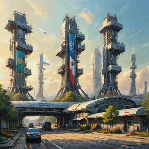 Prompt: Futuristic steel complex, (intricate architecture), depot flags and emblems fluttering, (contrasting design), frontsight highlighting innovations, old trees providing a natural contrast, (vibrant colors), set against a (dynamic skyline), celebrating the blend of technology and nature, (serene ambiance), ultra-detailed, (high quality) 4K imagery, a captivating harmony between structures and the environment.