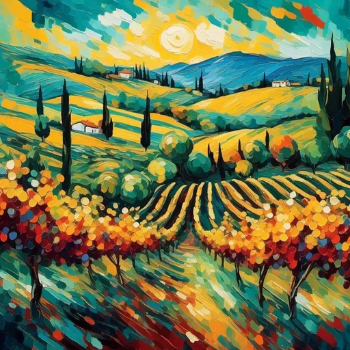 Prompt: <mymodel> Ultra fine style  in a blossoming vineyard, ultra widescreen full grapes,  semi-realistic hyper-stylized symbolizing the freedom of expression, striking expressions .wild resonance of light and color.mixed abstract styles.pointelism . Van gogh