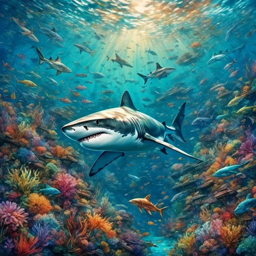 Prompt: <mymodel>(hyper-realistic white shark), fiercely hunting for fish, swimming through the shimmering turquoise bay, (dynamic action) capturing the thrill of the ocean, soft sunlight filtering through the water, creating glimmering reflections, surrounded by schools of colorful fish, detailed underwater flora swaying gently, (ultra-detailed, vibrant colors) with a refreshing atmosphere, emphasizing the raw beauty of the ocean ecosystem.