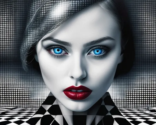 Prompt: Monochrome portrait: enigmatic woman, piercing blue eyes, crimson lips. Centered in surreal checkered orb. Stark contrasts, ethereal shadows. Hyper-detailed, visionary composition merges reality and illusion. Cinematic allure, emotional depth. A mesmerizing visual symphony blending art and optical intrigue.