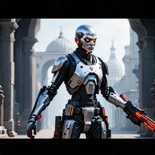 Prompt: (type-0 cyborg, defending the capital, multi-layered architecture, futuristic design, intricate detailing, a blend of ancient and modern influences, metallic textures, vibrant neon accents, dramatic shadows, subtle hints of grunge, high-tech weapons, infused with advanced technology, engaging composition, capturing the essence of historical evolution, ultra-detailed, cinematic style)