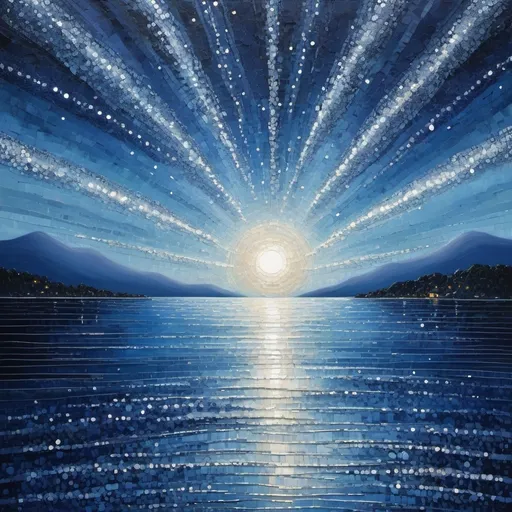 Prompt: (pointillism style) Starlight reflecting on the sea, a magical embrace between nature and the universe, vivid twinkling stars scattered across a deep indigo sky, shimmering water rippling under soft moonlight, serene and enchanting atmosphere, intricate dot techniques creating a dreamy texture, highly detailed, mesmerizing color palette of blues and silvers, infused with a sense of wonder and tranquility. expressionist art!