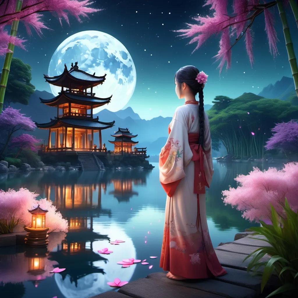 Prompt: (serene magical world), young girl in traditional clothing, standing by moonlit lake, surrounded by flower petals, sparkling stars, mystical atmosphere, ancient temples in the distance, bamboo forests, dreamlike scenery, enchanting colors, tranquil vibe, ethereal lighting, HD, ultra-detailed.