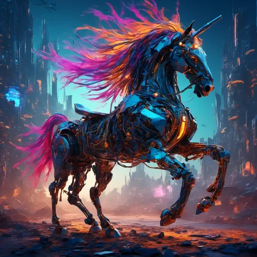 Prompt: <mymodel>(mechanical horse with robotic knight ready for battle), highly detailed, cyberpunk aesthetics, dynamic pose, vibrant colors, intense atmosphere, futuristic armor, intricate designs, glowing elements, dramatic background featuring a chaotic battlefield, cinematic lighting, high definition, ultra-detailed.