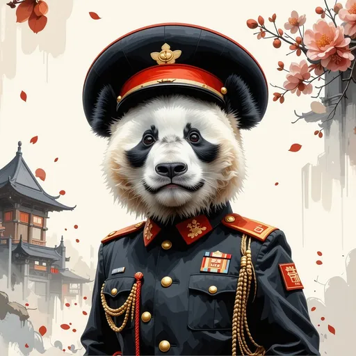 Prompt: In a whimsical portrayal, a comic panda dons the uniform of a Chinese army official, merging humor with cultural symbolism. This imaginative character embodies a playful interpretation of military decorum while simultaneously highlighting the iconic qualities of the panda, a beloved national emblem of China. The juxtaposition of the panda’s endearing features and the serious military attire creates a charming visual that invites both laughter and contemplation on themes of identity and representation.