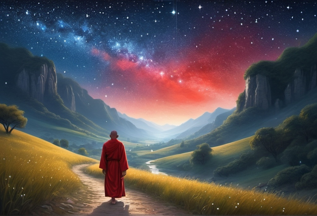 Prompt: (breathtaking scene), solitary monk in a striking red robe, wandering through a serene valley, starry night sky, (ethereal illumination), glistening stars enveloping him, tranquil atmosphere, magical radiance, cool tone colors, (highly detailed), a sense of peace and wonder, dreamlike quality, vast landscape bathed in shimmering starlight.