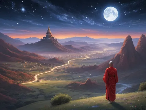 Prompt: A solitary monk adorned in a striking (red robe), bathed in the shimmering light of countless stars, wandering through a dreamy valley, surrounded by an otherworldly vibe, glistening stars enveloping him in a tranquil embrace, majestic blue moon against the vast expanse of the horizon, ethereal lighting, vibrant colors with deep blues and shimmering silvers, serene and peaceful atmosphere, ultra-detailed, high definition, 4K resolution, cinematic masterpiece. Vague Dream style with high abstraction . Buddist Temple below