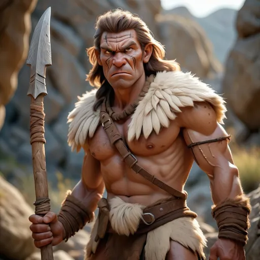 Prompt: stone age warrior (dressed in goatskin), rugged and fierce expression, gripping a primitive weapon, standing confidently, surrounded by rocky terrain, warm earthy tones, dramatic shadows, high detail, antique vibe, 4K ultra-detailed, showcasing the raw beauty and simplicity of ancient life, evocative atmosphere of survival and bravery.