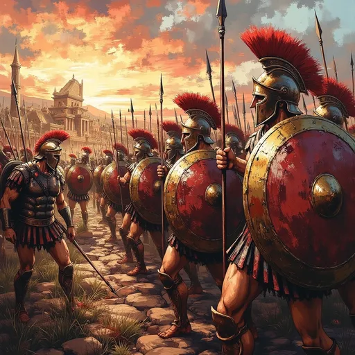 Prompt: Impressionism style, the depiction of epic Greek warriors in battle, the detailed scenes of the Trojan War, the use of dramatic poses, bold colors, dynamic composition, intense expressions, and the inclusion of gladiatorial armor and intricate shields. Additionally, we have vibrant landscapes with ancient temples and bustling tents, and the atmospheric lighting will be used to create tension. The focus on rich historical accuracy will be complemented by sleek vector art and ultra-detailed illustrations.