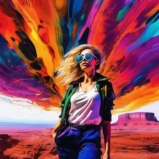 Prompt: (Mega turbulent life), modern woman, (fashionable glasses), standing confidently, vibrant colors, high contrast lighting, dynamic motion, underground mesa environment, sprawling landscape, intense atmosphere, sense of adventure and exploration, ultra-detailed, (high life) concept, energetic and captivating, imaginative background merging natural and urban elements.