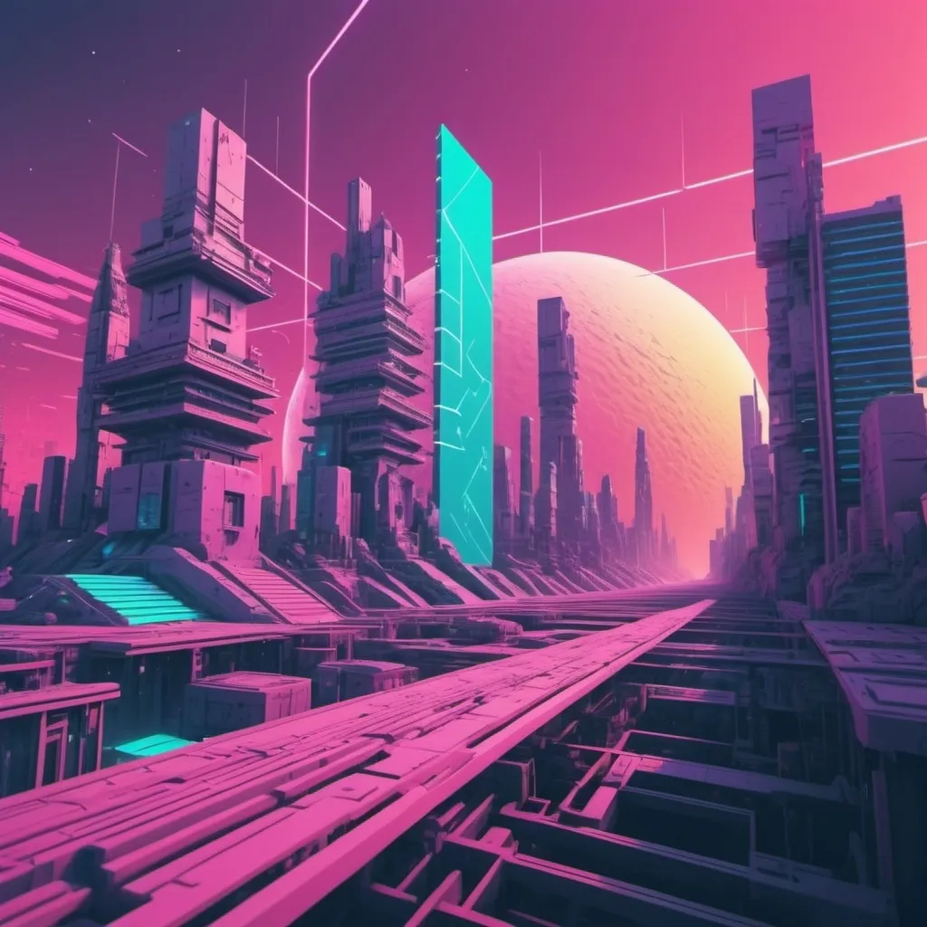 Prompt: (futuristic-vaporwave style), spatial coordination of a dynamic object in motion, (muted color scheme), colorful spectacle, intricate cubic patterns, (extra lines indicating movement), objectivation of time, surreal ambiance, futuristic cityscape background, harmonized geometrical shapes, (highly detailed), (4K), cinematic depth exploring motion and time.