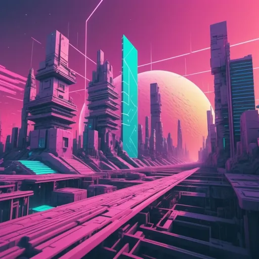 Prompt: (futuristic-vaporwave style), spatial coordination of a dynamic object in motion, (muted color scheme), colorful spectacle, intricate cubic patterns, (extra lines indicating movement), objectivation of time, surreal ambiance, futuristic cityscape background, harmonized geometrical shapes, (highly detailed), (4K), cinematic depth exploring motion and time.