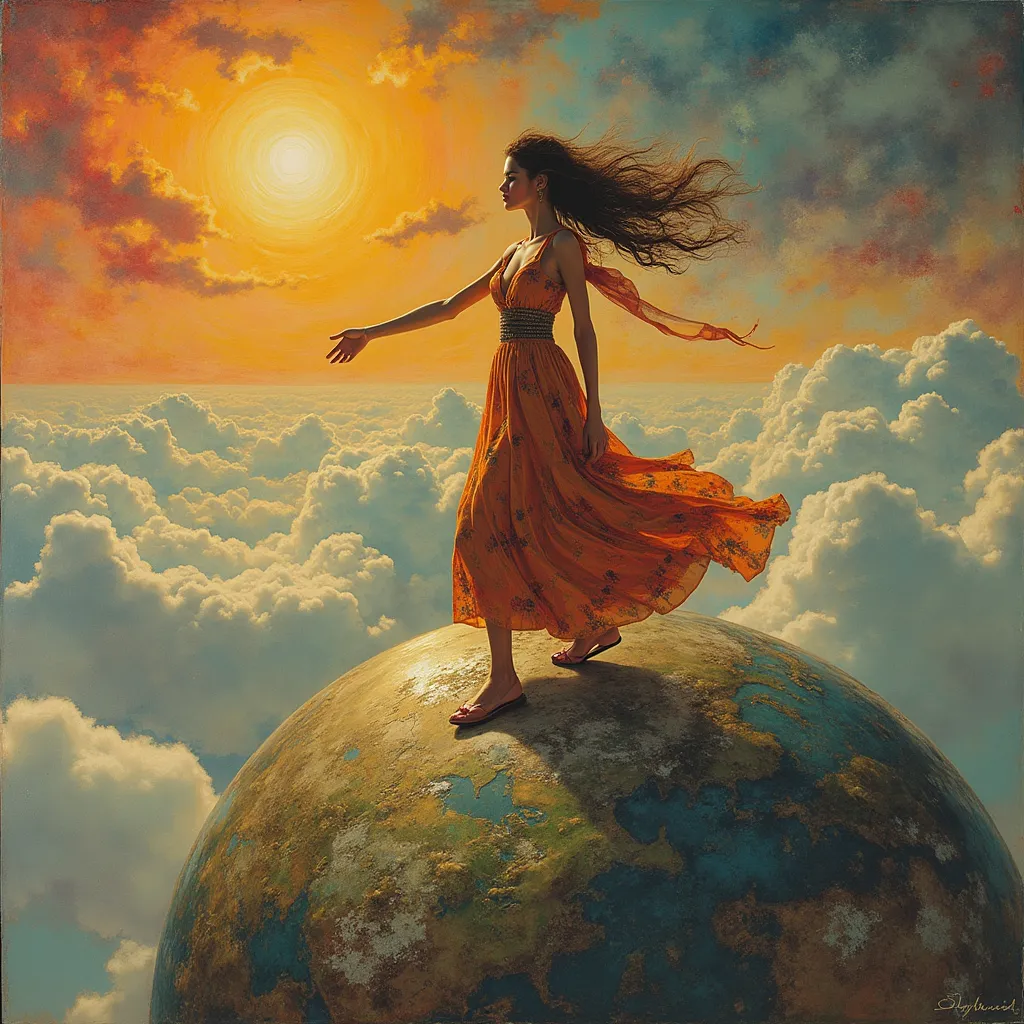 Prompt: a woman that's on top of the world in the style of Dali and Kandinsky