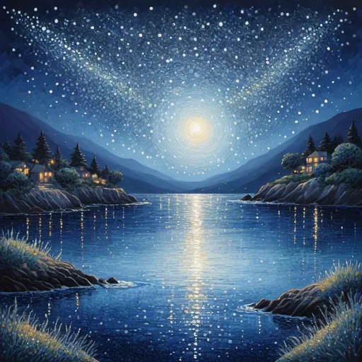 Prompt: (pointillism style) Starlight reflecting on the sea, a magical embrace between nature and the universe, vivid twinkling stars scattered across a deep indigo sky, shimmering water rippling under soft moonlight, serene and enchanting atmosphere, intricate dot techniques creating a dreamy texture, highly detailed, mesmerizing color palette of blues and silvers, infused with a sense of wonder and tranquility.