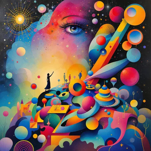 Prompt: abstract art depicting a woman (symbolizing power) on top of the world, inspired by Dali and Kandinsky's styles, (vibrant colors), surreal forms and shapes, whimsical composition, emotional energy expressed through color contrasts, dynamic lines and geometric patterns, imaginative background, dreamlike atmosphere, (ultra-detailed), invites viewer exploration of deep concepts of existence and dominance.