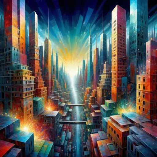 Prompt: abstract cityscape), vibrant colors infusing the scene with energy, intricate geometric shapes forming a mesmerizing pattern, surreal atmosphere that transports the viewer to another realm, dreamlike quality evoking a sense of wonder and imagination, intricately layered structures creating depth and complexity, fantastical skyline that defies conventional architecture, contrasting light and shadows adding drama and dimension, captivating view that draws the eye and holds attention, urban landscape reimagined through an artistic lens, imaginative interpretation of city life, fluid forms that seem to dance across the canvas, emotional depth conveyed through color and composition, whimsical elements adding playfulness and charm, artistic fusion of reality and fantasy, high resolution capturing every nuanced detail, ultra-detailed rendering that invites exploration and discovery