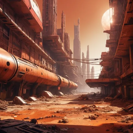 Prompt: (dramatic scene of a hot day in the undercity of Mars), vibrant (dusty red and orange hues), harsh sunlight filtering through metallic structures, grungy, gritty atmosphere, urban decay elements, scattered debris and futuristic junk, tense mood evoking exploration, high detail, panoramic view of sprawling undercity landscape, (4K ultra-detailed) masterwork composition.