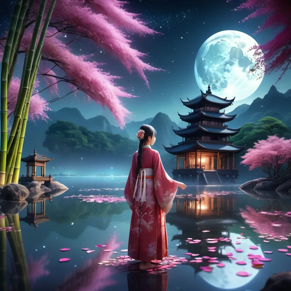 Prompt: (serene magical world), young girl in traditional clothing, standing by moonlit lake, surrounded by flower petals, sparkling stars, mystical atmosphere, ancient temples in the distance, bamboo forests, dreamlike scenery, enchanting colors, tranquil vibe, ethereal lighting, HD, ultra-detailed.