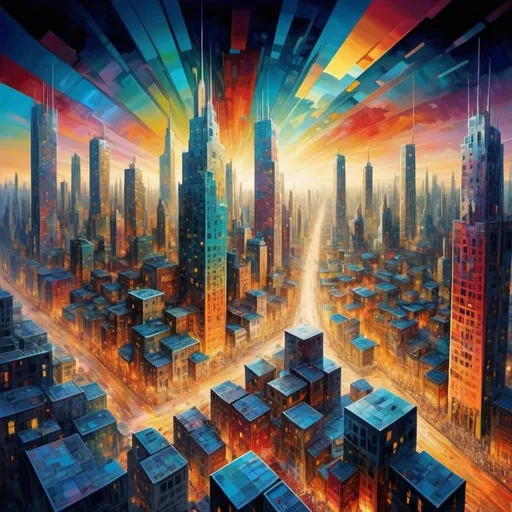 Prompt: abstract cityscape), vibrant colors infusing the scene with energy, intricate geometric shapes forming a mesmerizing pattern, surreal atmosphere that transports the viewer to another realm, dreamlike quality evoking a sense of wonder and imagination, intricately layered structures creating depth and complexity, fantastical skyline that defies conventional architecture, contrasting light and shadows adding drama and dimension, captivating view that draws the eye and holds attention, urban landscape reimagined through an artistic lens, imaginative interpretation of city life, fluid forms that seem to dance across the canvas, emotional depth conveyed through color and composition, whimsical elements adding playfulness and charm, artistic fusion of reality and fantasy, high resolution capturing every nuanced detail, ultra-detailed rendering that invites exploration and discovery