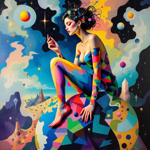 Prompt: abstract art depicting a woman (symbolizing power) on top of the world, inspired by Dali and Kandinsky's styles, (vibrant colors), surreal forms and shapes, whimsical composition, emotional energy expressed through color contrasts, dynamic lines and geometric patterns, imaginative background, dreamlike atmosphere, (ultra-detailed), invites viewer exploration of deep concepts of existence and dominance.