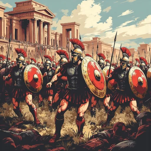 Prompt: (Vector) Vectorartz style, epic Greek warriors in battle, detailed Trojan War scenes, dramatic poses, bold colors, dynamic composition, intense expressions, gladiatorial armor, intricate shields, vibrant landscapes with ancient temples bustling tents, atmospheric lighting creating tension, rich historical accuracy, (illustration) sleek vector art, ultra-detailed.