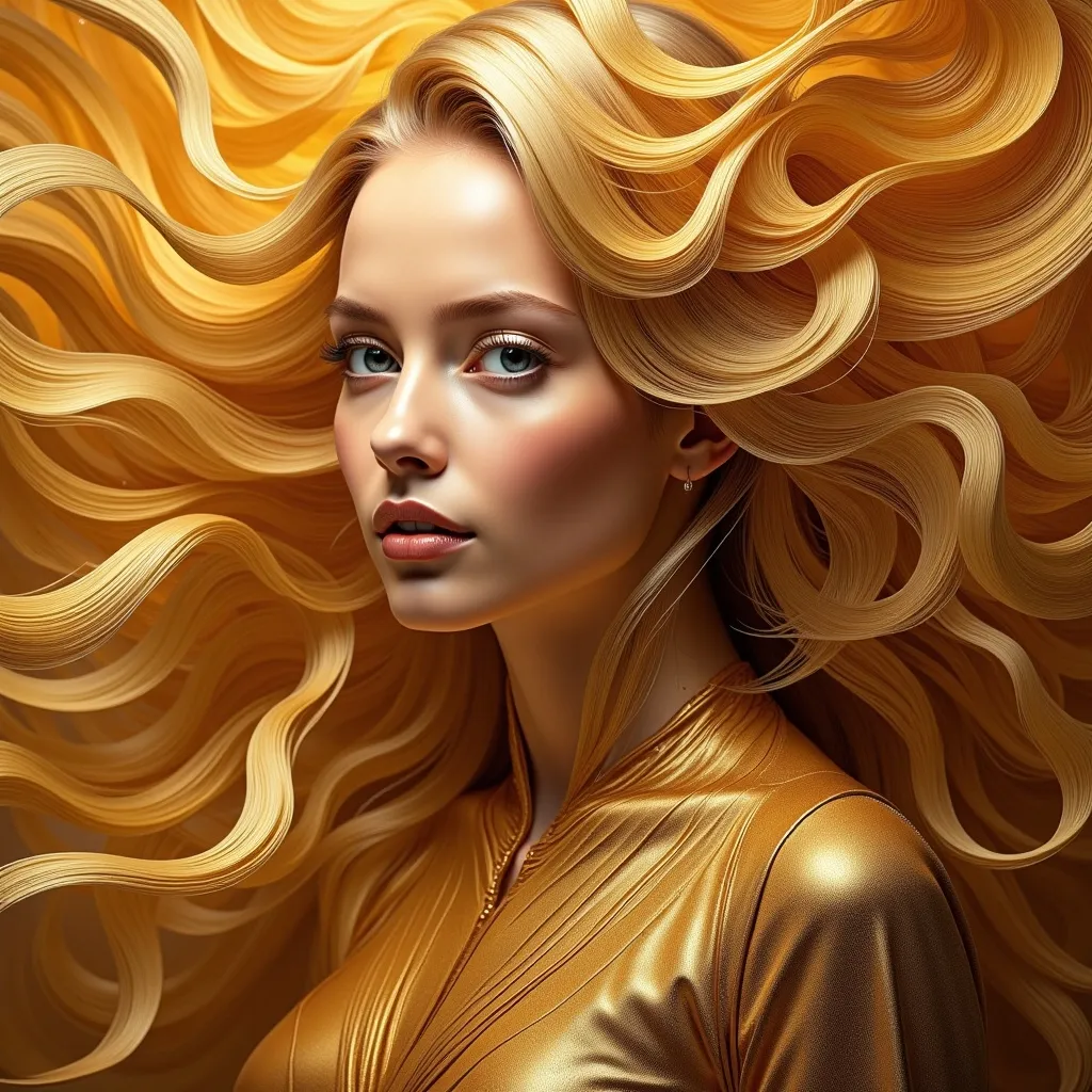 Prompt: Girl with golden woven hair intricately connected to the golden background