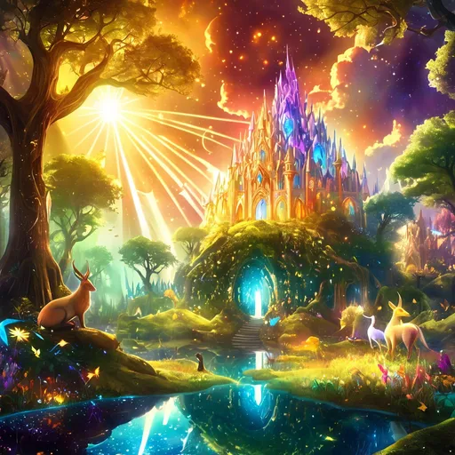 Prompt: (my) magical kingdom of light, (mythical creatures) ethereal landscapes, shimmering sun rays, glowing architecture, enchanted forests, warm golden hues, celestial skies, magical creatures roaming, vibrant colors, dramatic lighting, whimsical atmosphere, reminiscent of a fantasy realm, ultra-detailed, 4K quality, peaceful and serene ambiance.