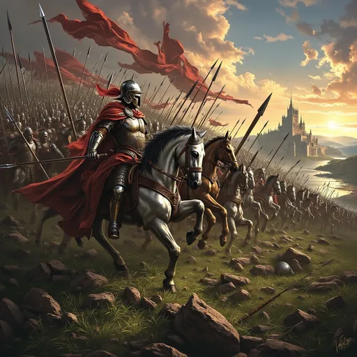 Prompt: (epic chivalry), majestic knights in shining armor, valorous stance, medieval banners flowing, (dramatic lighting), intense atmosphere, dynamic poses, lush green landscape with towering castles in the distance, intricate details of armor and weaponry, (highly detailed), grand skies adding depth, showcasing the spirit of bravery and honor.