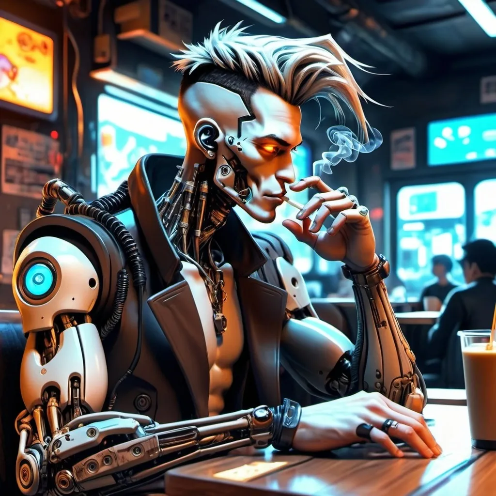 Prompt: Anime cyberpunk style, a man in a coffee shop, smoking substance while enjoying his drink, highly detailed, intricated cyberware HD, flirting with a cyberneticth chick.cybernetic arm  gritty background, visual spectacle 
