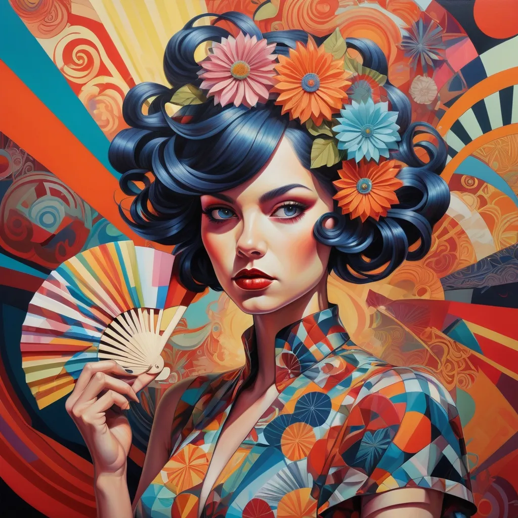 Prompt: a painting of a woman with a colorful background and a fan in her hair and a colorful dress with a pattern on it, Android Jones, precisionism, tristan eaton, an art deco painting