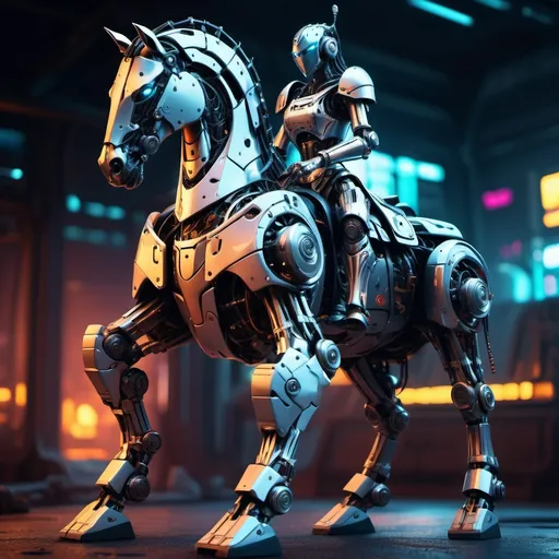 Prompt: <mymodel>(mechanical horse with robotic knight ready for battle), highly detailed, cyberpunk aesthetics, dynamic pose, vibrant colors, intense atmosphere, futuristic armor, intricate designs, glowing elements, dramatic background featuring a chaotic battlefield, cinematic lighting, high definition, ultra-detailed.