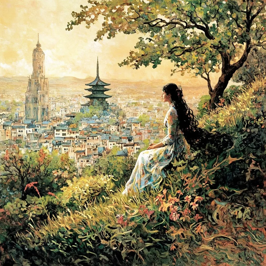 Prompt: a painting of a woman in a long dress sitting on a hill looking at a city with pagodas, Android Jones, fantasy art, fantasy artwork, a fine art painting