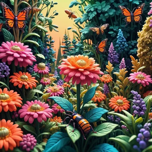 Prompt: close up (realistic handmade) flower garden, vibrant blooming flowers, large insects perched on lush green leaves, intricate textures, delicate details, organic composition, warm sunlight filtering through foliage, shallow depth of field, nature's beauty captured, vivid colors, high detail, ultra-detailed, enchanting atmosphere, whimsical touch, serene ambiance.