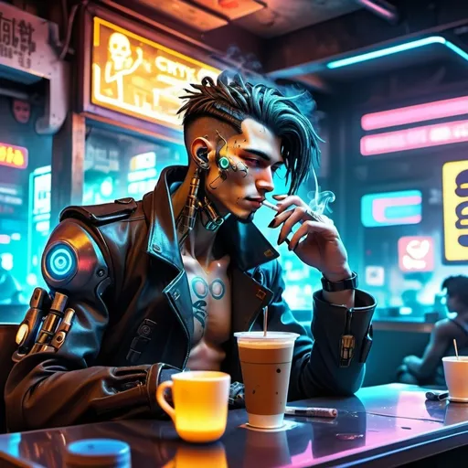 Prompt: Anime cyberpunk style, a man in a coffee shop, smoking substance while enjoying his drink, highly detailed, intricated cyberware HD, flirting with a cyberneticth chick.cybernetic arm  gritty background, visual spectacle 
