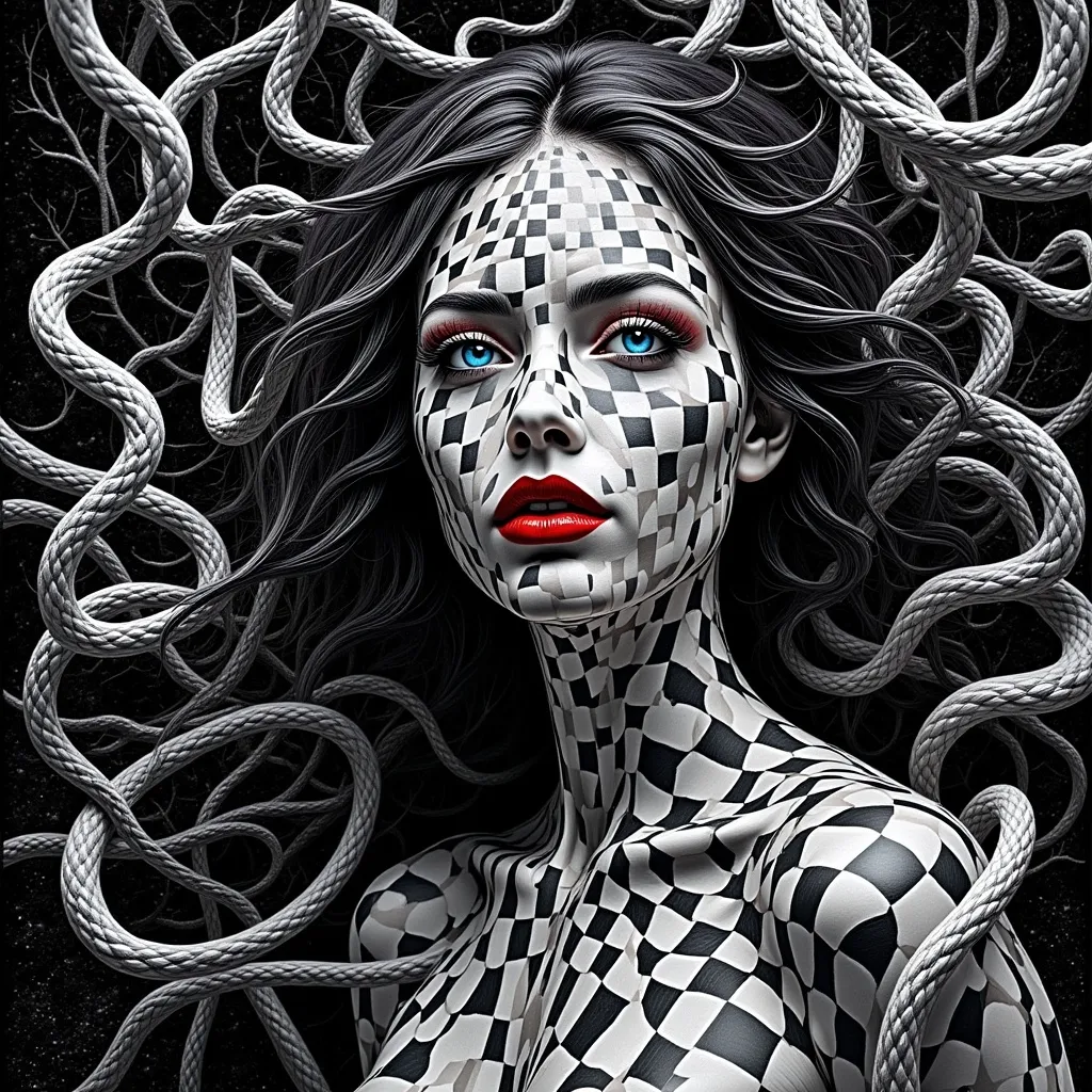 Prompt: Monochrome full body portrait: enigmatic woman, piercing blue eyes, crimson lips. Her body is Centered in a surreal checkered box. Stark contrasts, ethereal shadows. Hyper-detailed, visionary composition merges reality and illusion. Cinematic allure, emotional depth. A mesmerizing visual symphony blending art and optical intrigue.