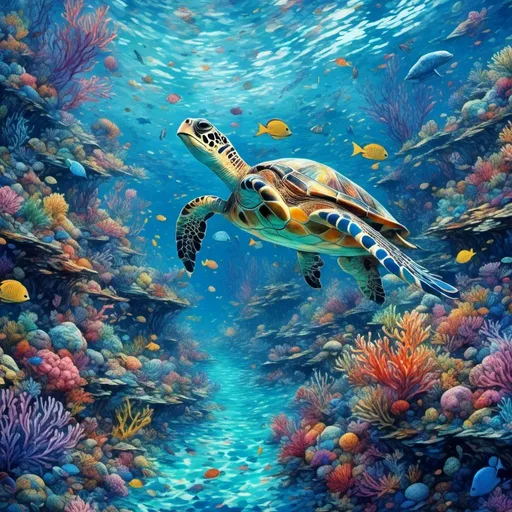 Prompt: <mymodel>(vibrant sealife), (colorful marine life), intricate coral reefs, exotic fish swimming gracefully, dazzling underwater plants, turtle swimning peacefullly, shimmering light reflections, immersive aquatic environment, serene atmosphere, high definition, ultra-detailed, bursting with color, tranquil blue hues, captivating textures and patterns of water dynamics.