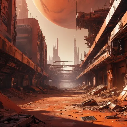 Prompt: (dramatic scene of a hot day in the undercity of Mars), vibrant (dusty red and orange hues), harsh sunlight filtering through metallic structures, grungy, gritty atmosphere, urban decay elements, scattered debris and futuristic junk, tense mood evoking exploration, high detail, panoramic view of sprawling undercity landscape, (4K ultra-detailed) masterwork composition.