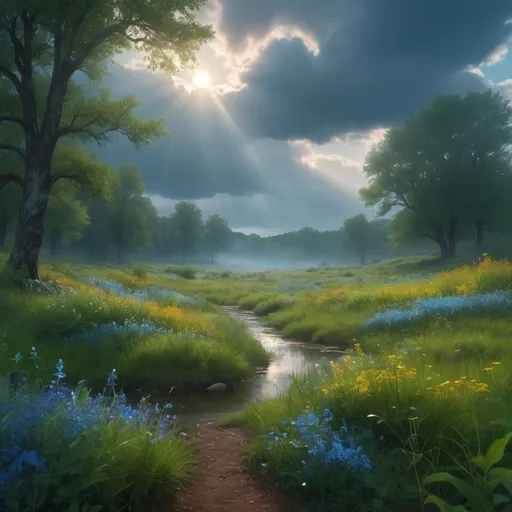 Prompt: (ethereal warstory), vivid landscapes, sounds of rustling leaves and soft whispers, a serene atmosphere of reflection, highlighted by atmospheric lighting, a blend of tranquil blues and earthy greens, wildflowers scattered across the foreground, dramatic clouds rolling above, soft rays of sunlight breaking through, high-quality 4K, a sense of peace amidst chaos.