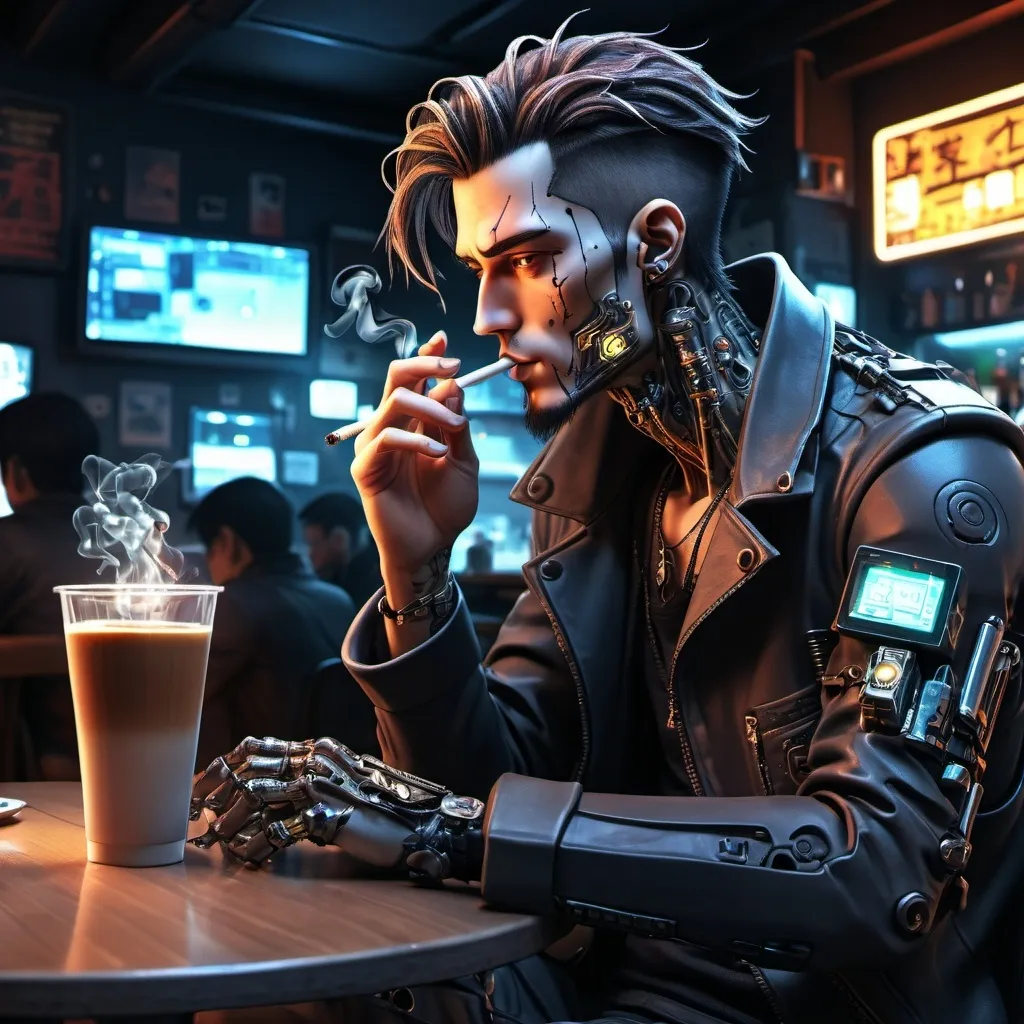 Prompt: Anime cyberpunk style, a man in a coffee shop, smoking substance while enjoying his drink, highly detailed, intricated cyberware HD, dark background, visual spectacle
