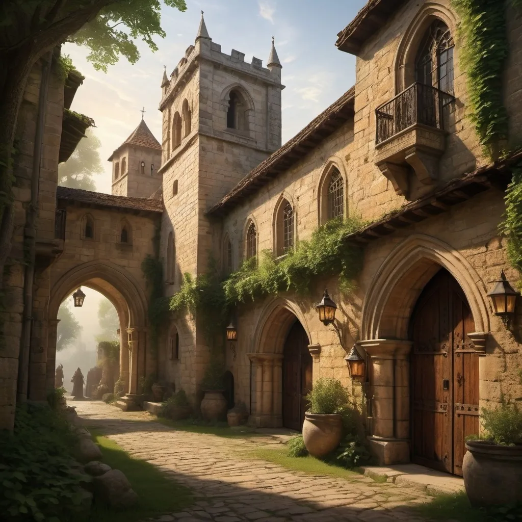 Prompt: (medieval monastery), guarded by a royal arms guild, (towering stone walls), lush greenery surrounding, (worn wooden doors), atmospheric mist enveloping the scene, flickering torches casting shadows, intricate stone carvings, knights in detailed armor patrolling, warm golden hues at sunset, serene yet vigilant ambiance, (ultra-detailed), highly atmospheric, majestic setting.