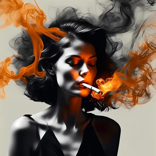 Prompt: <mymodel>(cinematic study of a lit cigarette used by a mid century chromatic woman of a driven and high character), different burning phases, smoke trails, dark shadows, (high detail), minimalist composition, striking contrast, (black background), focus on embers, vibrant glowing orange-yellow, atmospheric ambiance, ultra-detailed photography, intricate textures, capturing the essence of motion and decay, artistic exploration of transience.