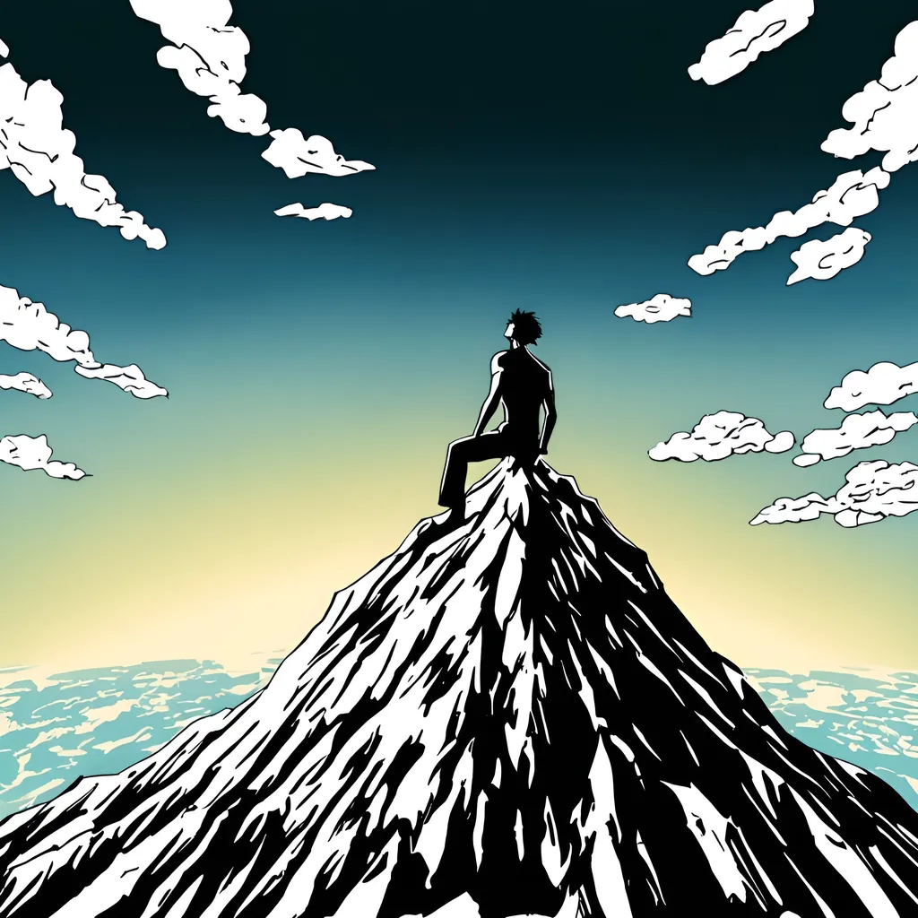 Prompt: <mymodel> man on top of the world manga style