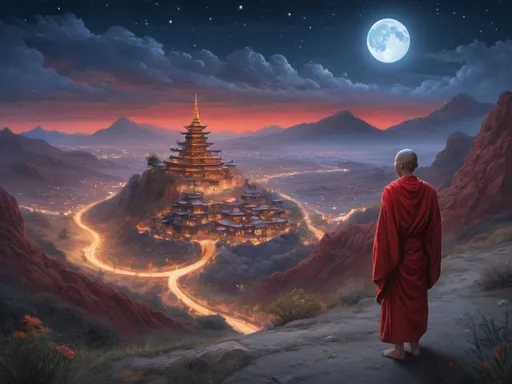 Prompt: A solitary monk adorned in a striking (red robe), bathed in the shimmering light of countless stars, wandering through a dreamy valley, surrounded by an otherworldly vibe, glistening stars enveloping him in a tranquil embrace, majestic blue moon against the vast expanse of the horizon, ethereal lighting, vibrant colors with deep blues and shimmering silvers, serene and peaceful atmosphere, ultra-detailed, high definition, 4K resolution, cinematic masterpiece. Vague Dream style with high abstraction . Buddist Temple below