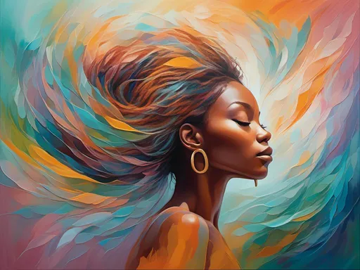 Prompt: <mymodel>Abstract representation of a (delicate African Latin woman), intricate hair gradients with swirling patterns, soft pastel color palette, ethereal ambiance, high detail, dynamic abstract elements, flowing shapes, graceful lines, multi-layered textures, visually captivating composition, (vibrant), creates a sense of organic movement, ultra-detailed, striking contrast between colors, harmonious blend of styles and influences.