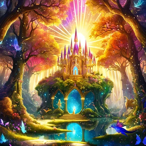 Prompt: (my) magical kingdom of light, (mythical creatures) ethereal landscapes, shimmering sun rays, glowing architecture, enchanted forests, warm golden hues, celestial skies, magical creatures roaming, vibrant colors, dramatic lighting, whimsical atmosphere, reminiscent of a fantasy realm, ultra-detailed, 4K quality, peaceful and serene ambiance.